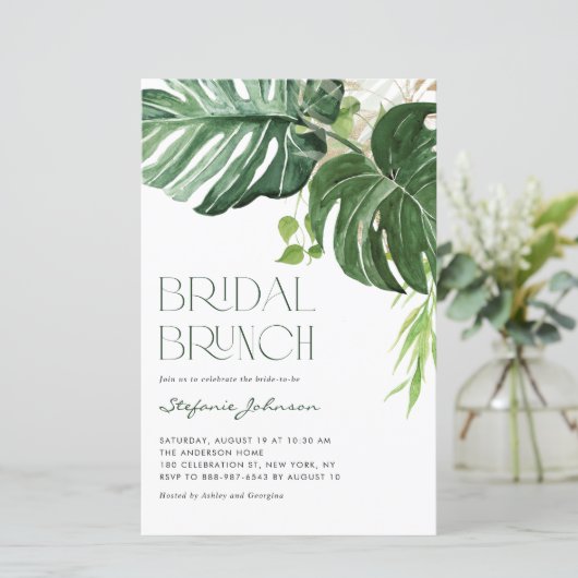 Monstera Blätter Summer Bridal Brunch Einladung (Stehend Vorderseite)