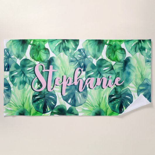 Monstera Blätter Tropische Wasserfarbe Rosa Name Strandtuch (Vorderseite)
