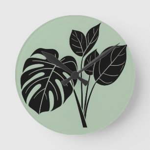 Monstera Blätter Tropischer Minimalistischer Salbe Runde Wanduhr