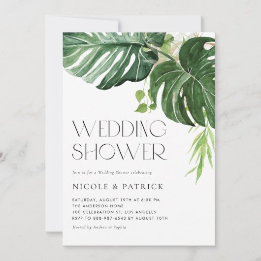 Monstera Blätter Tropischer Polterabend Einladung (Vorderseite)