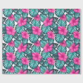 Monstera Blätter und Hibiskus, Aquamarin Rosa auf  Geschenkpapier (Flach)