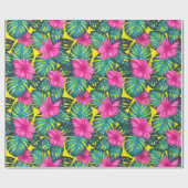 Monstera Blätter und Hibiskus, Aquamarin rosa auf  Geschenkpapier (Flach)