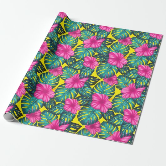 Monstera Blätter und Hibiskus, Aquamarin rosa auf  Geschenkpapier (Ungerollt)