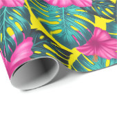 Monstera Blätter und Hibiskus, Aquamarin rosa auf  Geschenkpapier (Rolleneckpunkt)