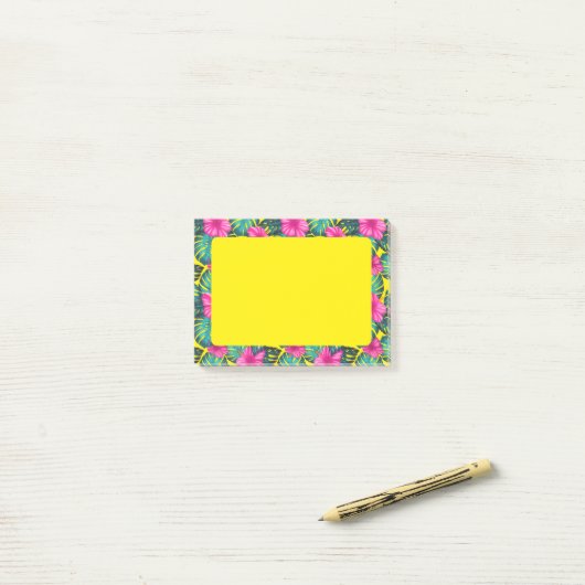 Monstera Blätter und Hibiskus, Aquamarin rosa auf  Post-it Klebezettel (Auf Schreibtisch)
