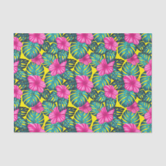 Monstera Blätter und Hibiskus, Aquamarin rosa auf Seidenpapier