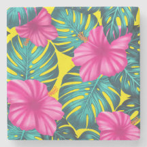 Monstera Blätter und Hibiskus, Aquamarin rosa auf 