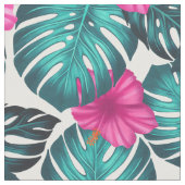 Monstera Blätter und Hibiskus, Aquamarin Rosa auf  Stoff (Nahaufnahme)