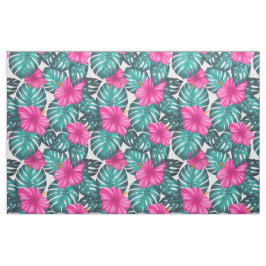 Monstera Blätter und Hibiskus, Aquamarin Rosa auf  Stoff