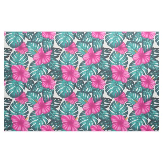 Monstera Blätter und Hibiskus, Aquamarin Rosa auf  Stoff (Fat Quarter (45,7 x 55,9 cm))