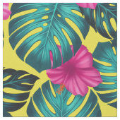 Monstera Blätter und Hibiskus, Aquamarin rosa auf  Stoff (Nahaufnahme)