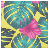 Monstera Blätter und Hibiskus, Aquamarin rosa auf  Stoff (Nahaufnahme)