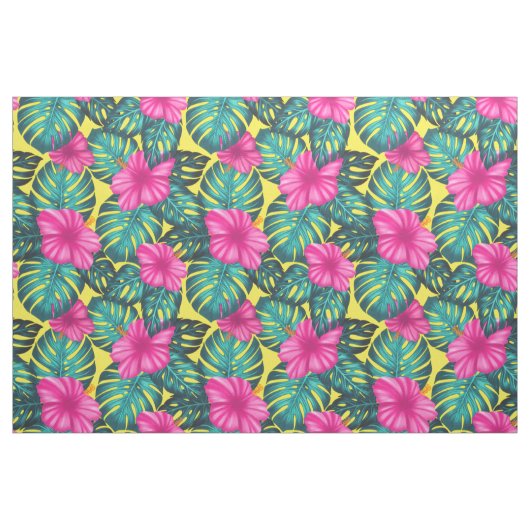 Monstera Blätter und Hibiskus, Aquamarin rosa auf  Stoff (Fat Quarter (45,7 x 55,9 cm))