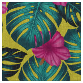 Monstera Blätter und Hibiskus, Aquamarin rosa auf Stoff (Nahaufnahme)
