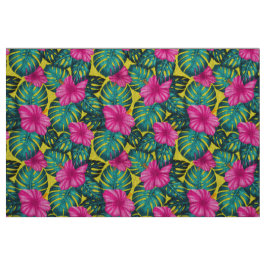 Monstera Blätter und Hibiskus, Aquamarin rosa auf  Stoff