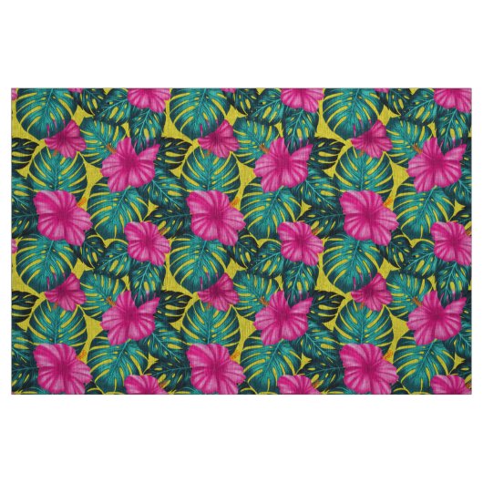 Monstera Blätter und Hibiskus, Aquamarin rosa auf Stoff (Fat Quarter (45,7 x 55,9 cm))