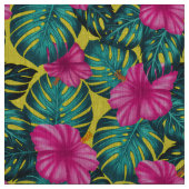 Monstera Blätter und Hibiskus, Aquamarin rosa auf Stoff (Muster)