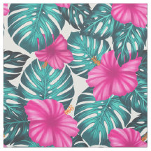 Monstera Blätter und Hibiskus, Aquamarin Rosa auf 