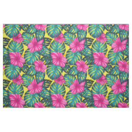 Monstera Blätter und Hibiskus, Aquamarin rosa auf  Stoff