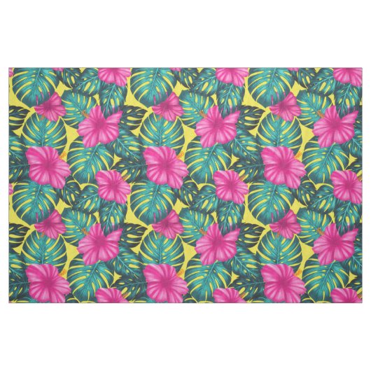 Monstera Blätter und Hibiskus, Aquamarin rosa auf Stoff (Fat Quarter (45,7 x 55,9 cm))