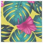 Monstera Blätter und Hibiskus, Aquamarin rosa auf Stoff (Nahaufnahme)