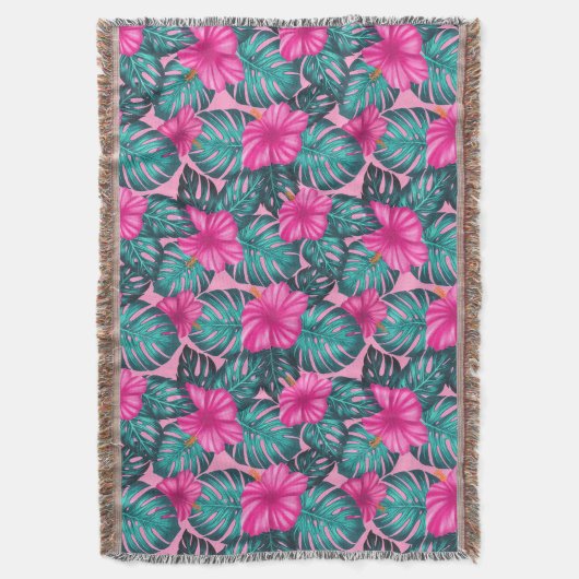 Monstera Blätter und Hibiskus Aquamarin und rosa a Decke (Vorderseite Vertikal)