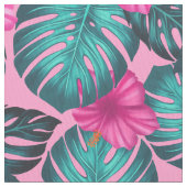 Monstera Blätter und Hibiskus Aquamarin und rosa a Stoff (Nahaufnahme)