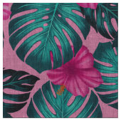 Monstera Blätter und Hibiskus Aquamarin und rosa a Stoff (Nahaufnahme)