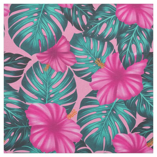 Monstera Blätter und Hibiskus Aquamarin und rosa a Stoff (Muster)