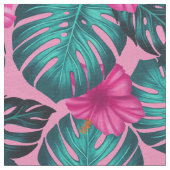 Monstera Blätter und Hibiskus Aquamarin und rosa a Stoff (Nahaufnahme)