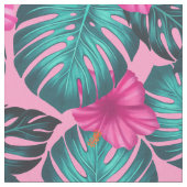 Monstera Blätter und Hibiskus Aquamarin und rosa a Stoff (Nahaufnahme)