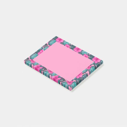 Monstera Blätter und Hibiskus, Aquamarin und rosa Post-it Klebezettel (angewinkelt)