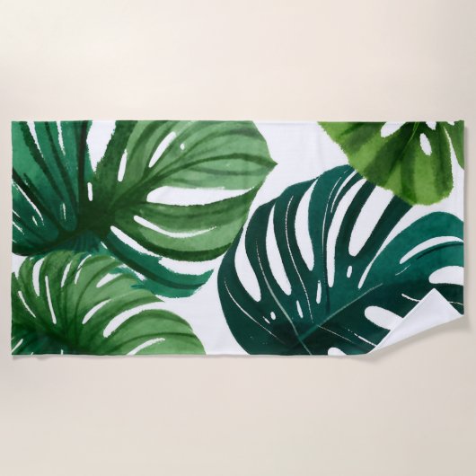 Monstera Blätter Wasserfarbe Strandtuch (Vorderseite)