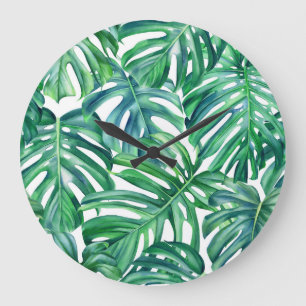 Monstera-Blätter: Wasserfarben-Dschungelmuster. Große Wanduhr