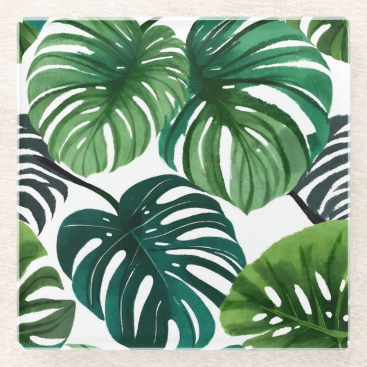 Monstera Blätter Wasserfarben Moderne Kunst, Dicht Glasuntersetzer (Vorderseite)