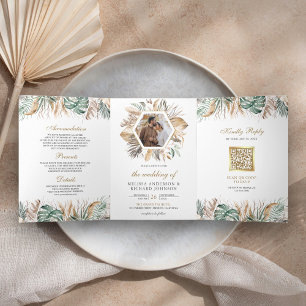 Monstera Boho Pampas Alles in Einem QR-Code Hochze Dreifach Gefaltete Einladung