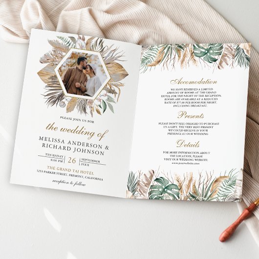 Monstera Boho Pampas Alles in Einem QR-Code Hochze Einladung