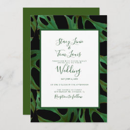 Monstera Botanical Leaf Green Wedding Black Einladung