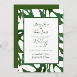 Monstera Botanical Leaf Green White Wedding Einladung