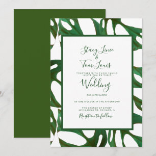 Monstera Botanical Leaf Green White Wedding Einladung