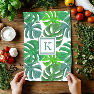 Monstera Deliciosa Blätter monogramm Muster Geschirrtuch