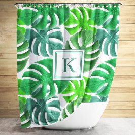 Monstera Deliciosa Pflanze Blätter Muster Monogram Duschvorhang