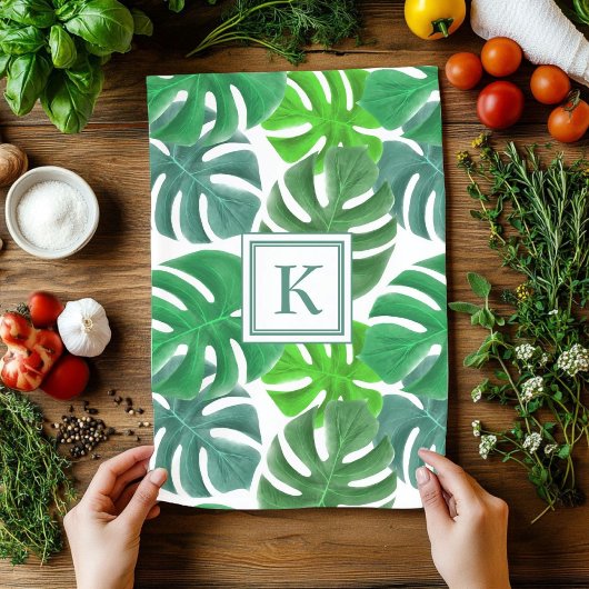 Monstera Deliciosa Verlasse Mit Monogramm Muster Geschirrtuch