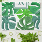 Monstera Deliciosa Verlasse Mit Monogramm Muster Geschirrtuch (Gefaltet)