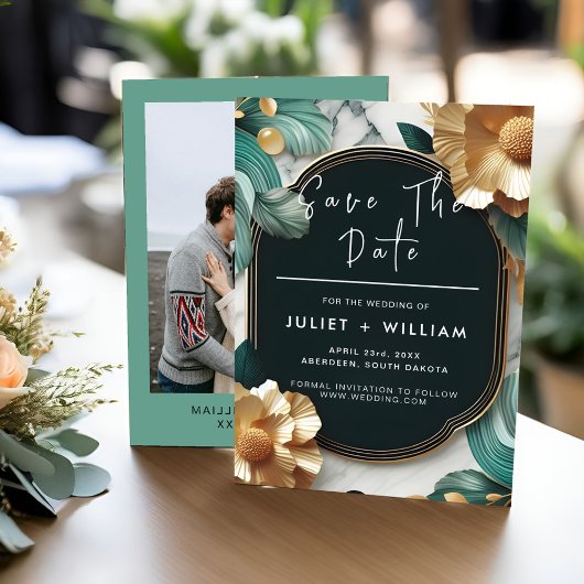 Monstera Emerald Green and Gold Wedding Save The Date