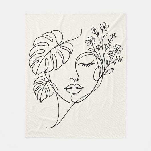 Monstera Florales Gesicht Linienkunst Fleecedecke (Vorderseite)