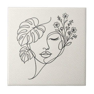 Monstera Florales Gesicht Linienkunst Fliese