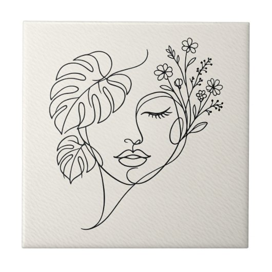 Monstera Florales Gesicht Linienkunst Fliese (Vorderseite)