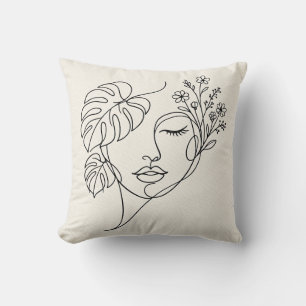 Monstera Florales Gesicht Linienkunst Kissen