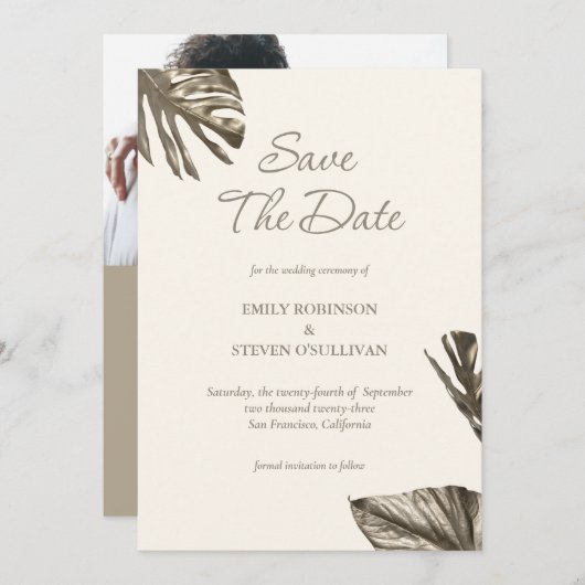 Monstera Gold Champagne Foto Wedding Save The Date (Vorne/Hinten)